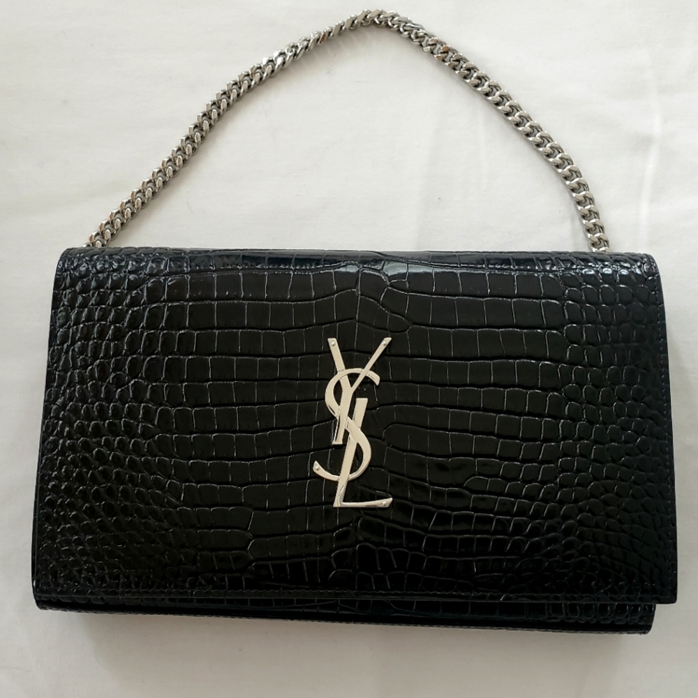 YSL Cassandre chain large wallet purse in crocodile black, silver